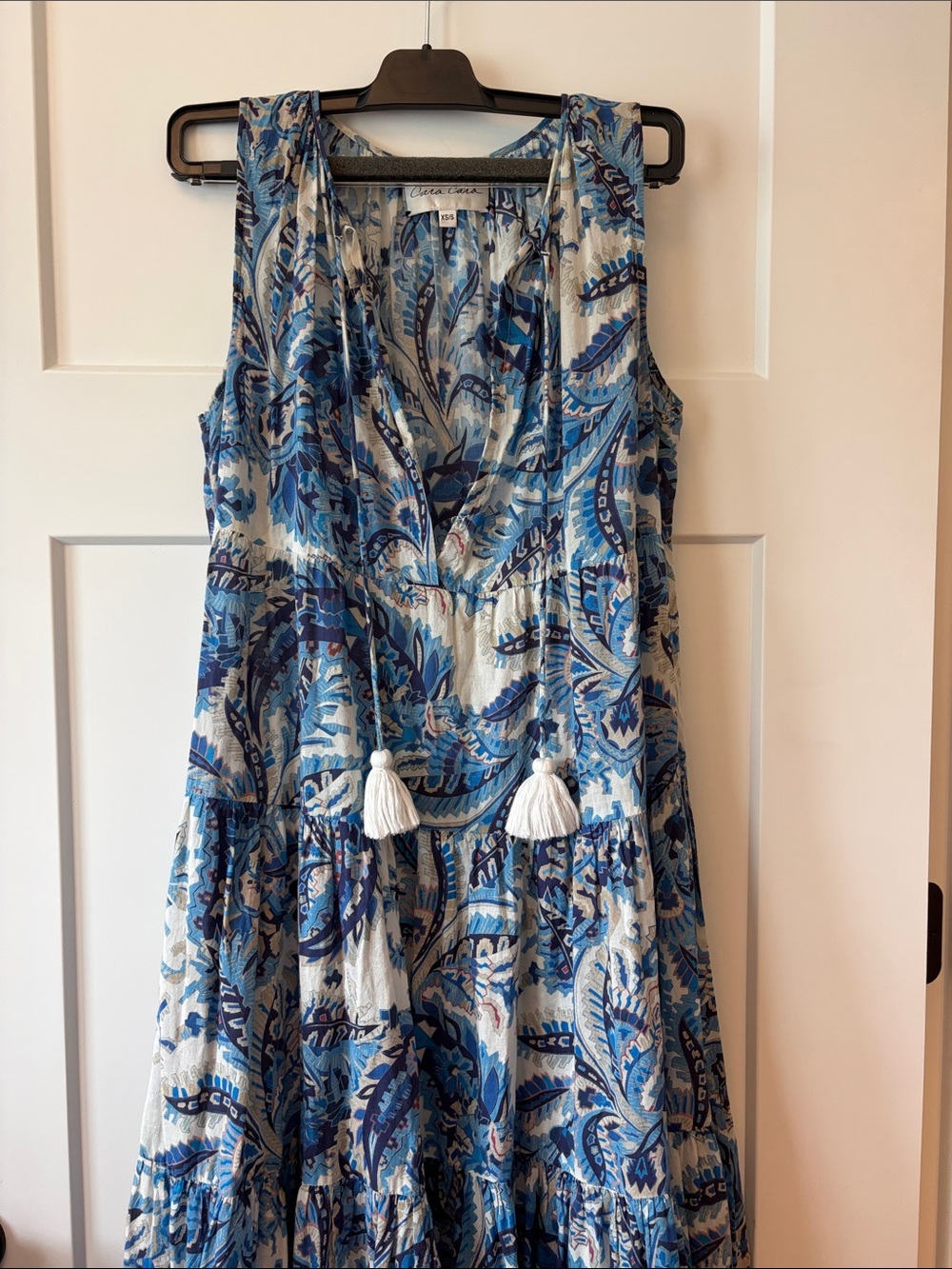 Cara Cara Blue and White Paisley Sleeveless Maxi Dress with Tassel Tie